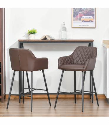 Set Of 2 Retro PU Leather Bar Chairs Set Stylish w/ Footrest Metal Frame