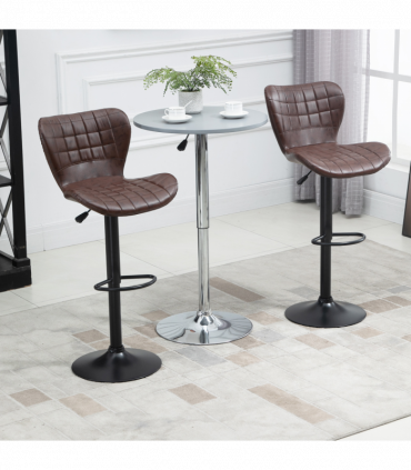 Set of 2 Adjustable Height Swivel Bar Chairs in PU Leather with Backrest Brown