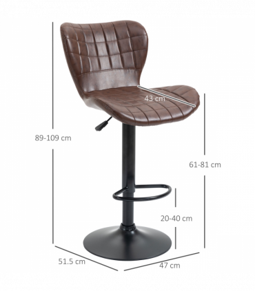 Set of 2 Adjustable Height Swivel Bar Chairs in PU Leather with Backrest Brown