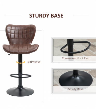 Set of 2 Adjustable Height Swivel Bar Chairs in PU Leather with Backrest Brown