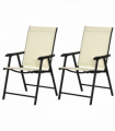 Set of 2 Foldable Metal Garden Chairs Dining Seat Yard Furniture Beige