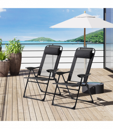 Set of 2 Metal Portable Folding Recliner w/ Adjustable Backrest, Black