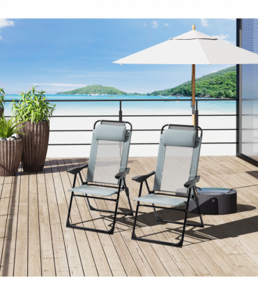 Set of 2 Metal Portable Folding Recliner w/ Adjustable Backrest, Grey