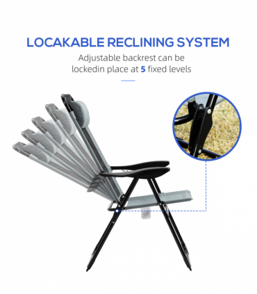 Set of 2 Metal Portable Folding Recliner w/ Adjustable Backrest, Grey