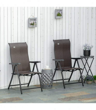 Set of 2 Outdoor Patio PE Rattan Dining Armrests Chair Adjustable Red Brown