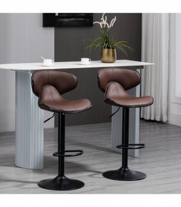 Set of 2, Barstools with Footrest and Backrest, Steel Frame Gas Lift Brown