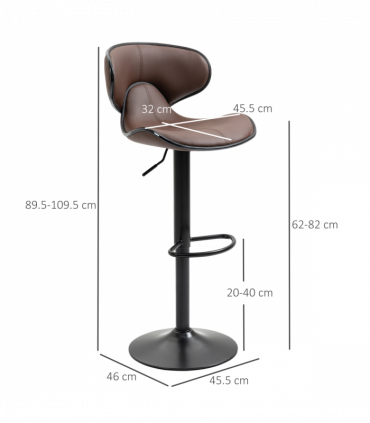 Set of 2, Barstools with Footrest and Backrest, Steel Frame Gas Lift Brown