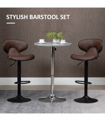 Set of 2, Barstools with Footrest and Backrest, Steel Frame Gas Lift Brown
