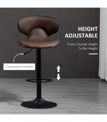 Set of 2, Barstools with Footrest and Backrest, Steel Frame Gas Lift Brown