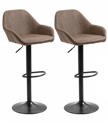 Set of 2, Swivel Barstools Footrest Backrest, PU Leather and Steel Brown