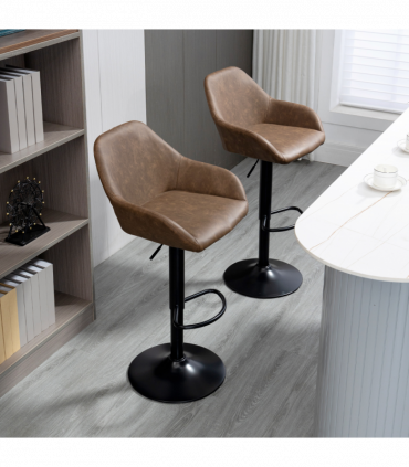 Set of 2, Swivel Barstools Footrest Backrest, PU Leather and Steel Brown
