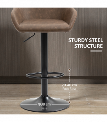 Set of 2, Swivel Barstools Footrest Backrest, PU Leather and Steel Brown
