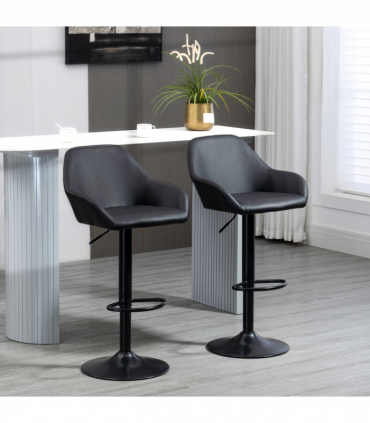 Set of 2, Swivel Barstools with Footrest and Backrest, PU Leather Black