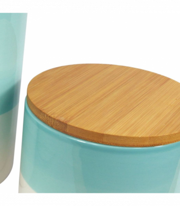 Set of Three Canisters Aqua Green Ceramic Storage Jars with Lids