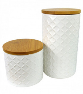 Set of Two Ceramic Jars Embossed Cream Canisters with Lids
