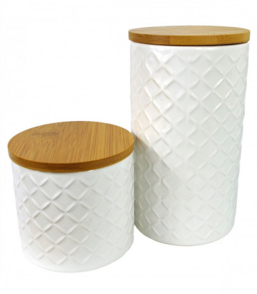 Set of Two Ceramic Jars Embossed Cream Canisters with Lids