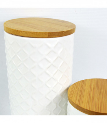 Set of Two Ceramic Jars Embossed Cream Canisters with Lids