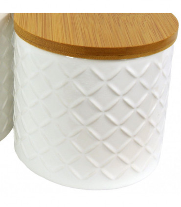 Set of Two Ceramic Jars Embossed Cream Canisters with Lids