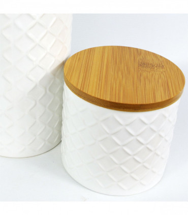 Set of Two Ceramic Jars Embossed Cream Canisters with Lids