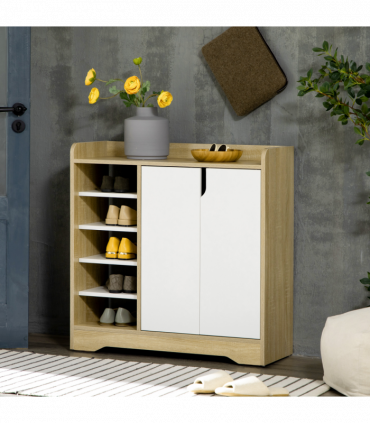 Shoe Storage Organizer w/ Double Door Cabinet Open Shelves for Hallway Entryway