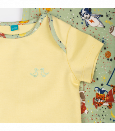 Showman Print Green & Yellow Baby Vest Set