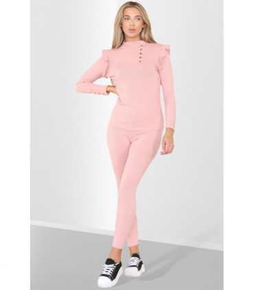 Side Buttons Frill Shoulder Side Neck Gold Button Detail Two Piece Loungewear Set