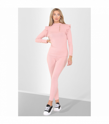 Side Buttons Frill Shoulder Side Neck Gold Button Detail Two Piece Loungewear Set