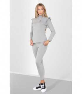 Side Buttons Frill Shoulder Side Neck Gold Button Detail Two Piece Loungewear Set