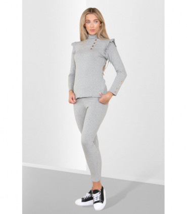 Side Buttons Frill Shoulder Side Neck Gold Button Detail Two Piece Loungewear Set