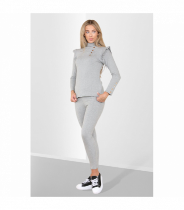 Side Buttons Frill Shoulder Side Neck Gold Button Detail Two Piece Loungewear Set