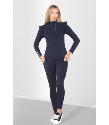 Side Buttons Frill Shoulder Side Neck Gold Button Detail Two Piece Loungewear Set