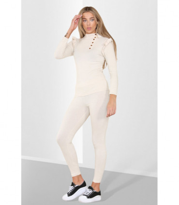 Side Buttons Frill Shoulder Side Neck Gold Button Detail Two Piece Loungewear Set