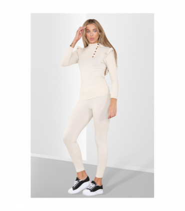 Side Buttons Frill Shoulder Side Neck Gold Button Detail Two Piece Loungewear Set