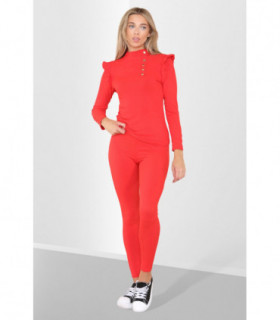 Side Buttons Frill Shoulder Side Neck Gold Button Detail Two Piece Loungewear Set