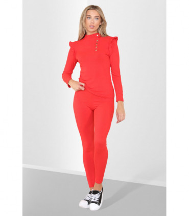 Side Buttons Frill Shoulder Side Neck Gold Button Detail Two Piece Loungewear Set