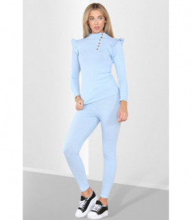 Side Buttons Frill Shoulder Side Neck Gold Button Detail Two Piece Loungewear Set