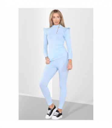 Side Buttons Frill Shoulder Side Neck Gold Button Detail Two Piece Loungewear Set