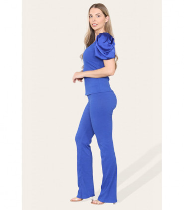 Silky Satin Puff Sleeves Ribbed Lounge Set