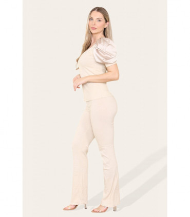 Silky Satin Puff Sleeves Ribbed Lounge Set