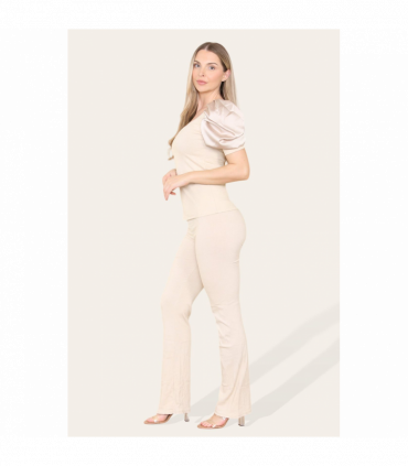 Silky Satin Puff Sleeves Ribbed Lounge Set