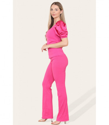 Silky Satin Puff Sleeves Ribbed Lounge Set