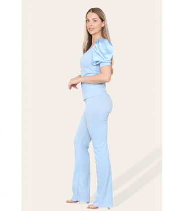 Silky Satin Puff Sleeves Ribbed Lounge Set