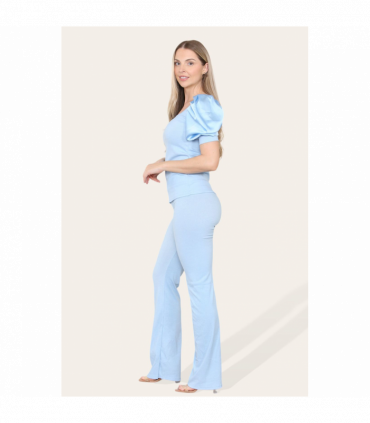 Silky Satin Puff Sleeves Ribbed Lounge Set