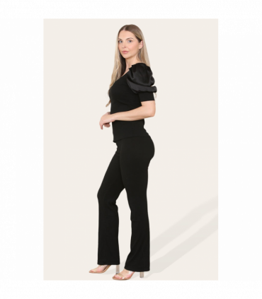 Silky Satin Puff Sleeves Ribbed Lounge Set