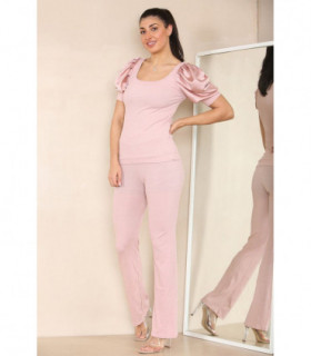 Silky Satin Puff Sleeves Ribbed Lounge Set