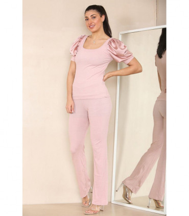 Silky Satin Puff Sleeves Ribbed Lounge Set