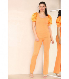 Silky Satin Puff Sleeves Ribbed Lounge Set