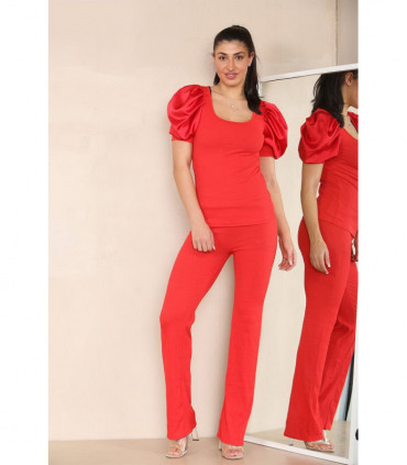 Silky Satin Puff Sleeves Ribbed Lounge Set