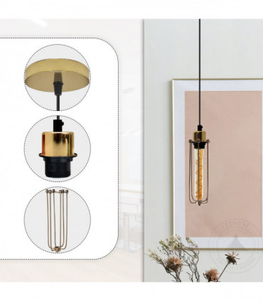 Single Ceiling E27 Pendant Light with Wire Cage - Industrial Vintage Hanging Lamp