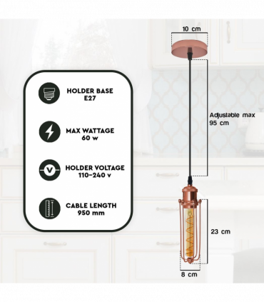 Single Rose Gold Ceiling E27 Pendant Light with Wire Cage, Industrial Vintage Hanging Lamp Fixture